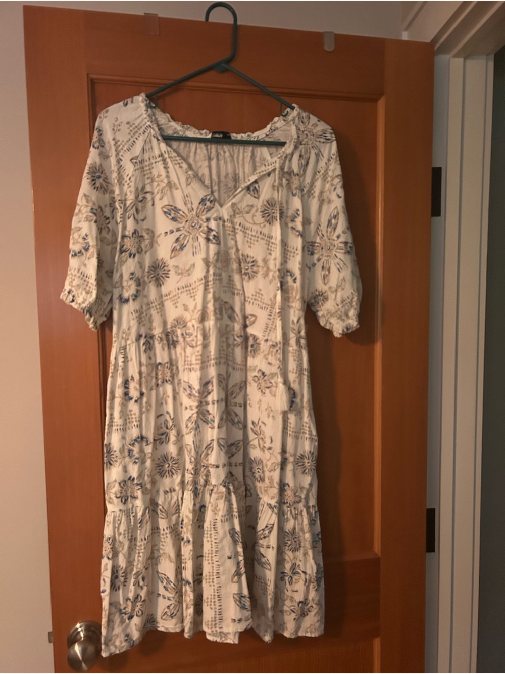 Sonoma Cream Midi Dress with Blue Floral Pattern